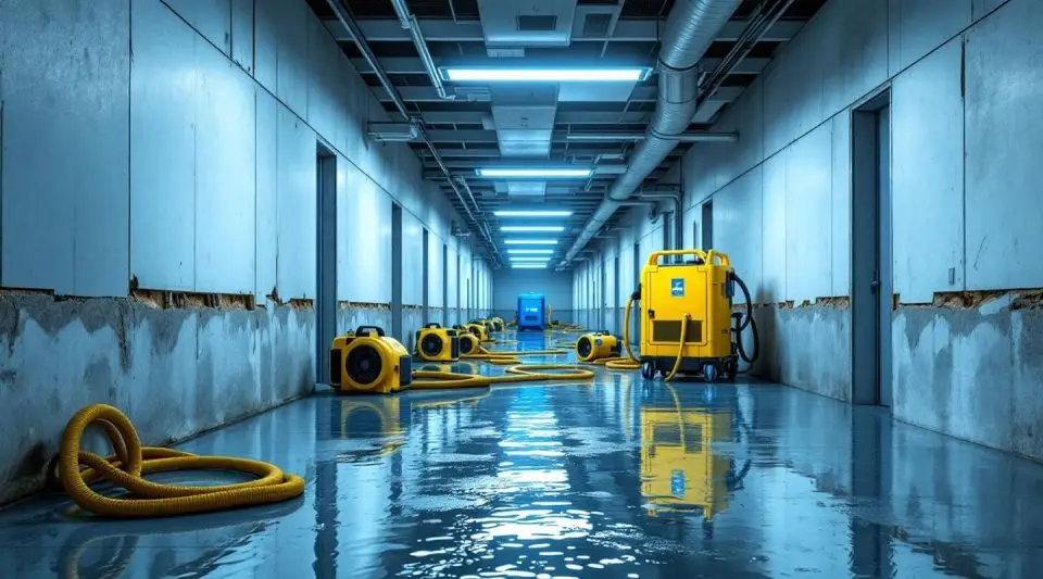 Professional restoration crew using industrial LGR dehumidifiers and air movers in a flooded Garland commercial warehouse.