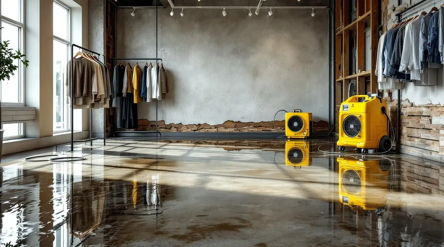 Commercial water extraction and structural drying in a flooded Garland retail store with dramatic cinematic lighting.