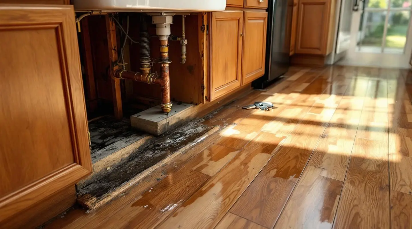 Professional restoration technician using a moisture probe to check for hidden water damage behind kitchen cabinets in a Garland home.