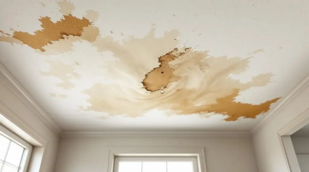 Professional restoration technician in Garland using a moisture meter to inspect a water-stained drywall ceiling for leaks.