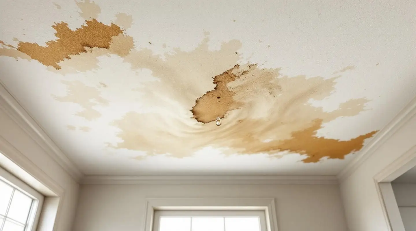 Professional restoration technician in Garland using a moisture meter to inspect a water-stained drywall ceiling for leaks.