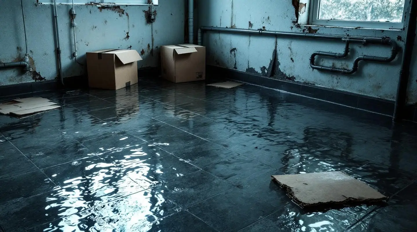 A professional restoration technician in Garland using industrial water extraction equipment in a flooded basement.
