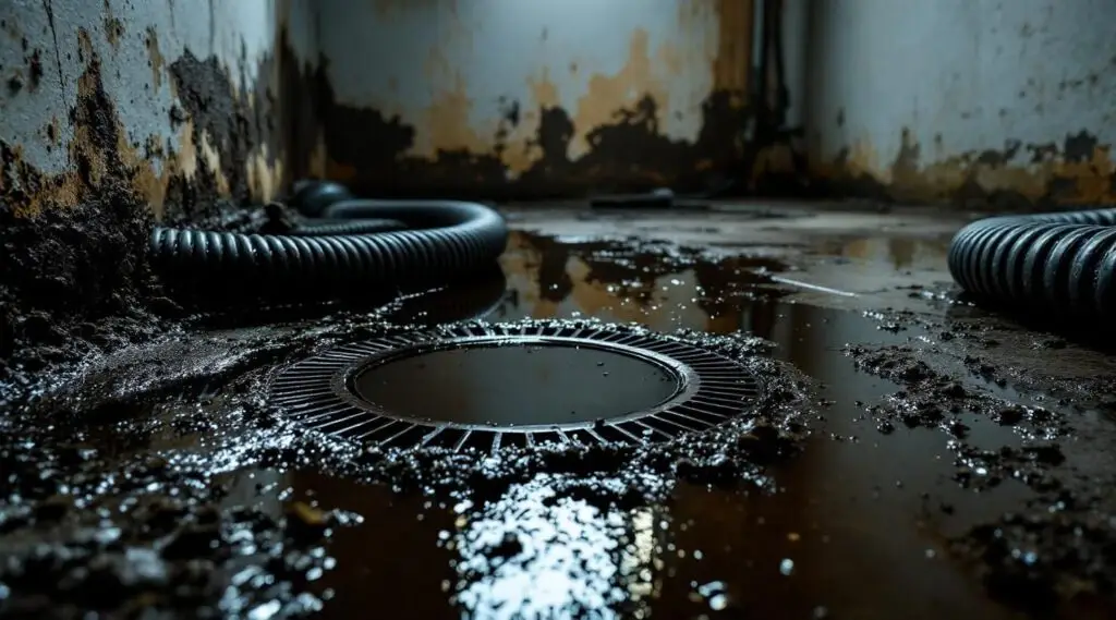 A professional restoration technician in a biohazard suit performing sewage backup cleanup in a Garland home.