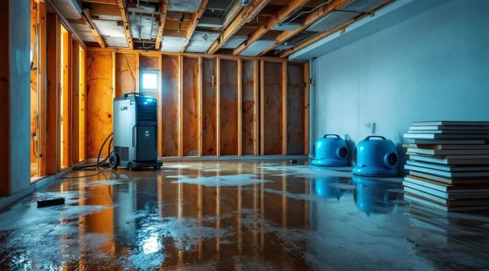 Quality Restoration crew using water extractors and air movers to dry a flooded Garland home.