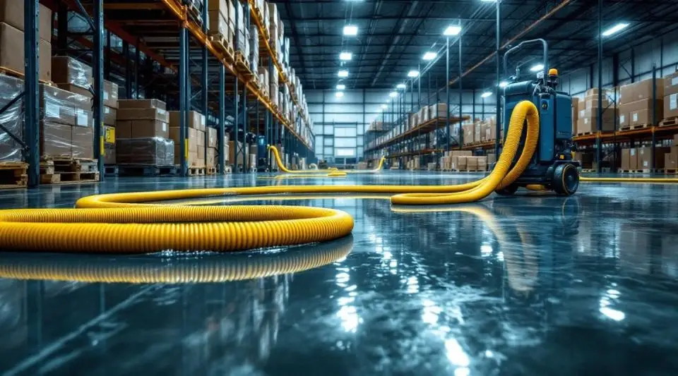 Commercial restoration technicians extracting standing water from a Garland warehouse floor near industrial pallet racking.