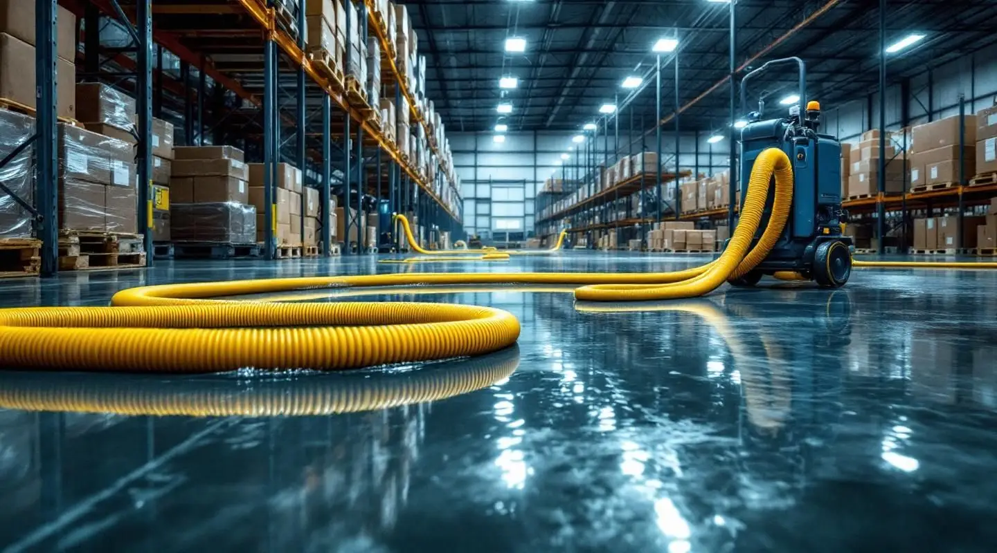 Commercial restoration technicians extracting standing water from a Garland warehouse floor near industrial pallet racking.