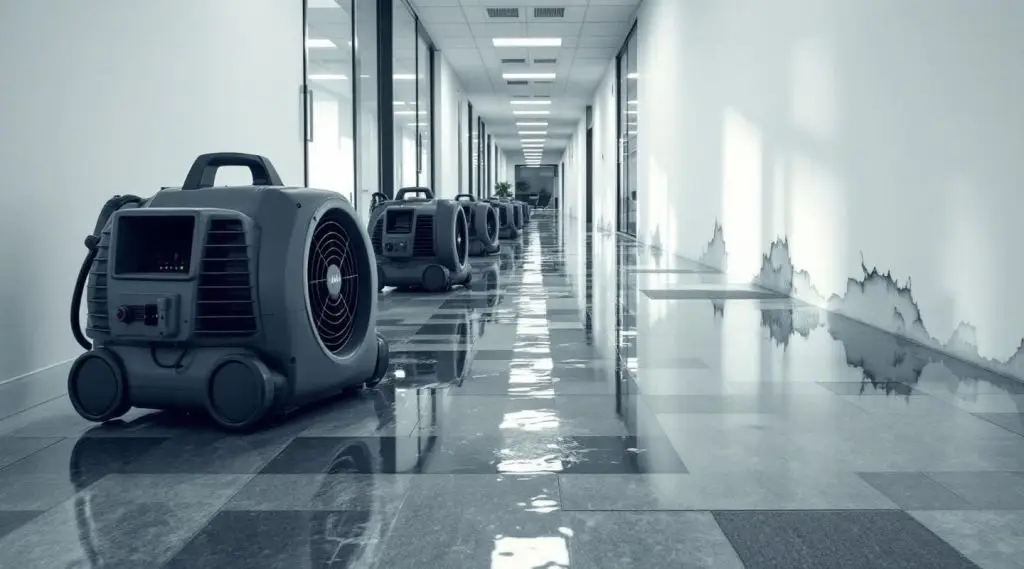 Professional restoration crew using high-capacity water extractors in a flooded Garland office building lobby.