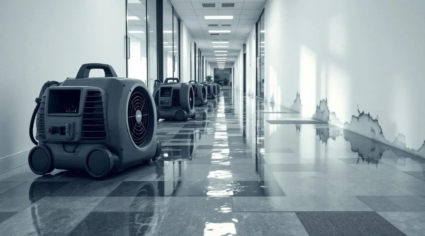 Professional restoration crew using high-capacity water extractors in a flooded Garland office building lobby.