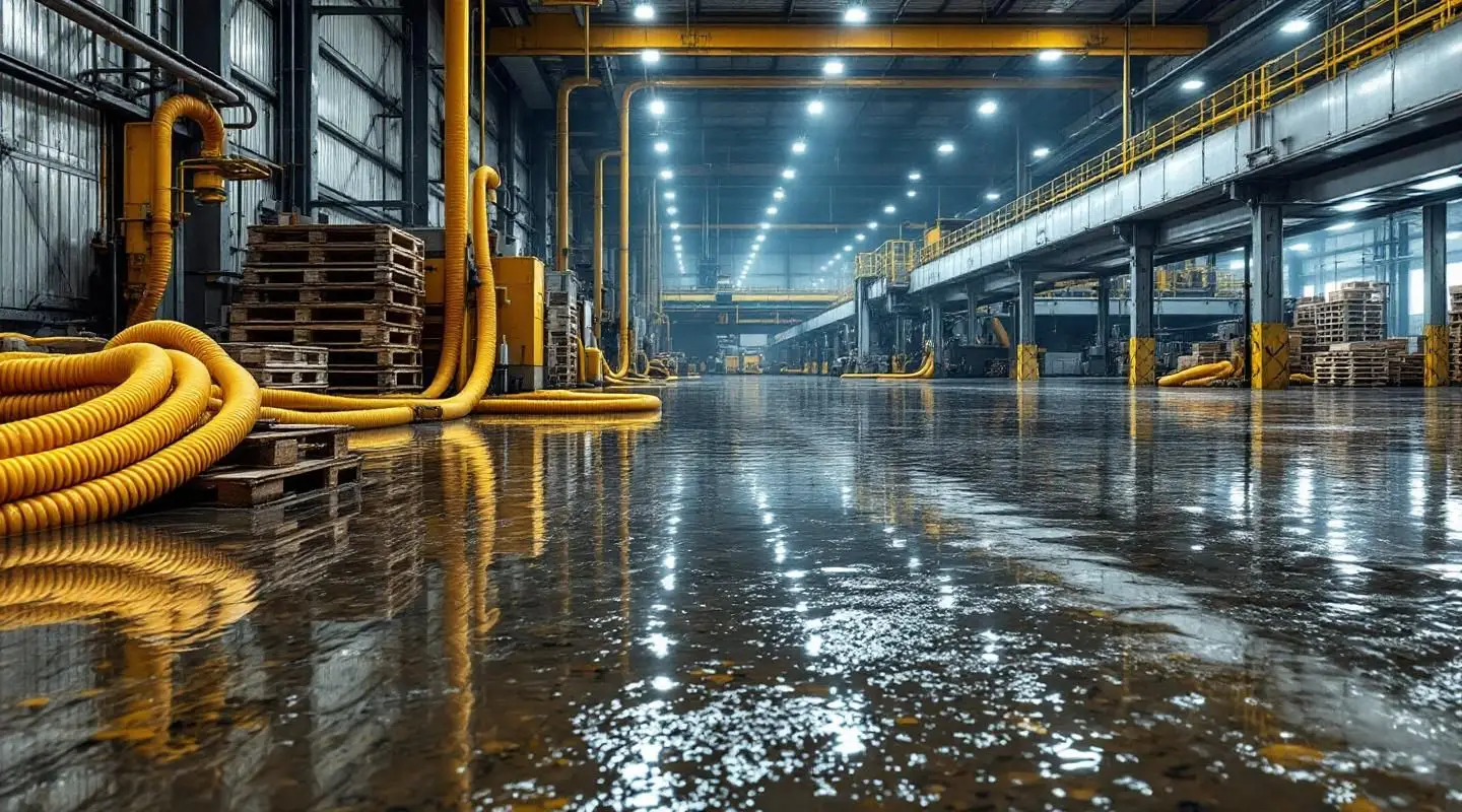Professional restoration crew deploying high-capacity water extractors in a flooded Garland warehouse at night.