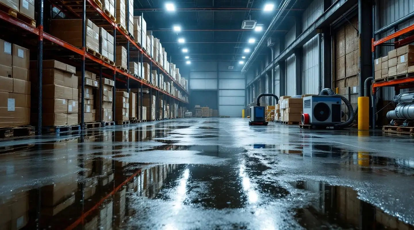 Professional restoration crew using industrial water extractors on a large concrete warehouse floor in Garland.