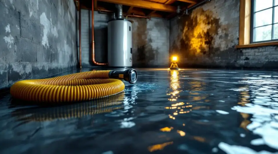 Quality Restoration technician using an industrial water extractor on a flooded floor in Garland.