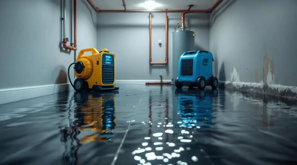 Professional restoration technician performing water extraction in a flooded Garland home with industrial drying equipment.