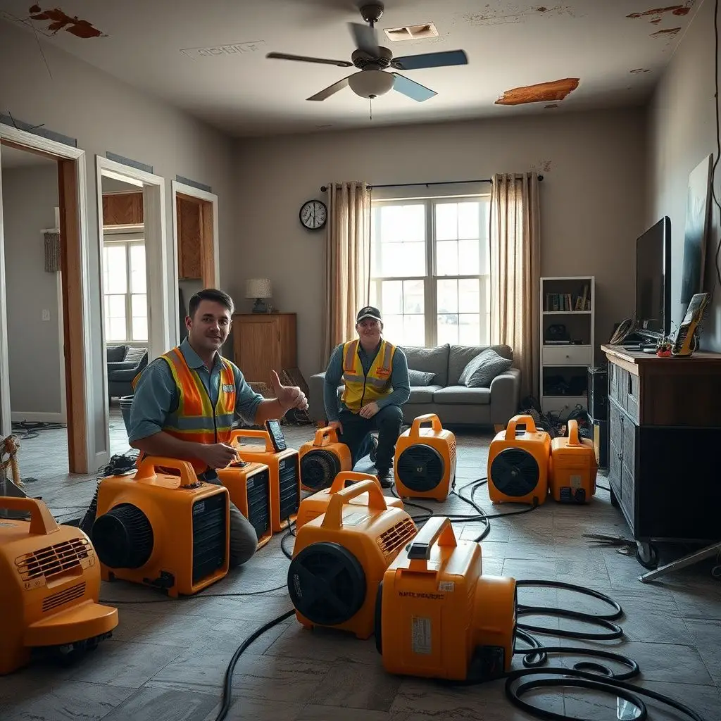 Industrial-grade air movers and a dehumidifier positioned to dry a water-damaged hardwood floor in a Garland residence.