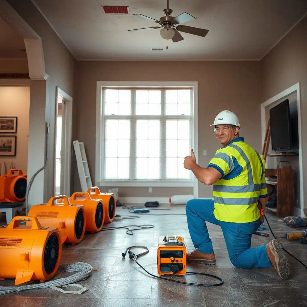 An IICRC-certified technician explaining moisture readings to a concerned Plano homeowner in their living room.