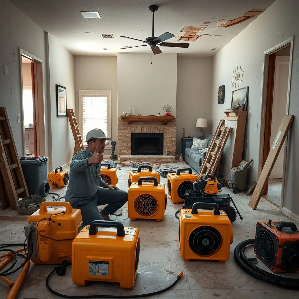 A clean, organized drying setup in a Mesquite living room with professional air movers and a dehumidifier in place.