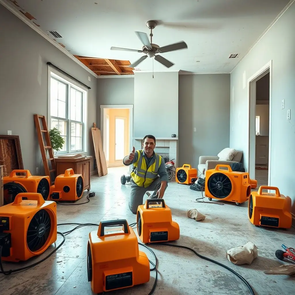 A high-capacity industrial dehumidifier and air movers positioned to dry a hardwood floor in a Dallas residence.