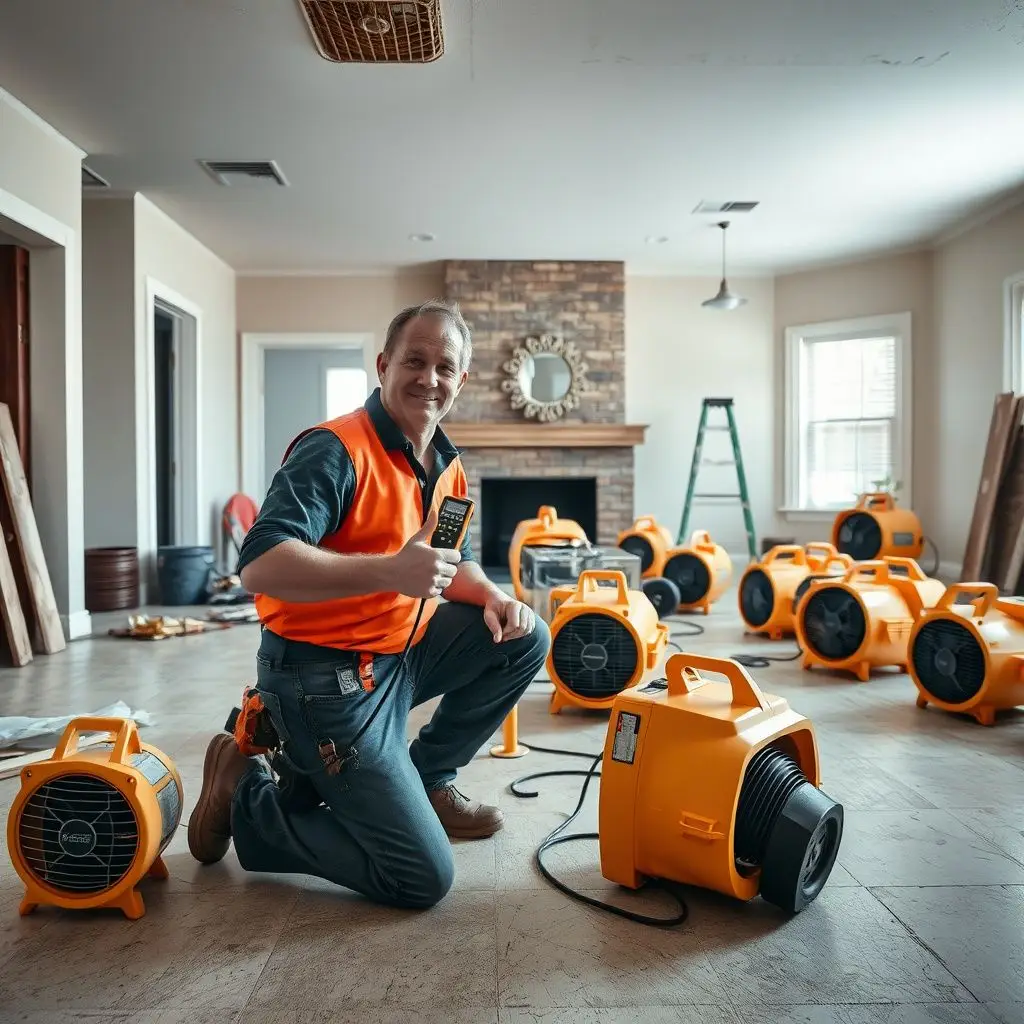 Professional structural drying equipment, including industrial air movers and LGR dehumidifiers, staged in a Parker living room.