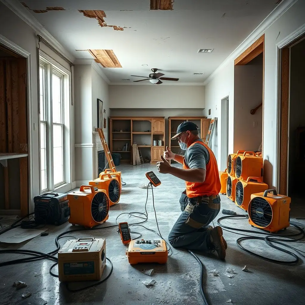 A technician using a moisture meter to check the levels in a Richardson home's drywall after a pipe burst.