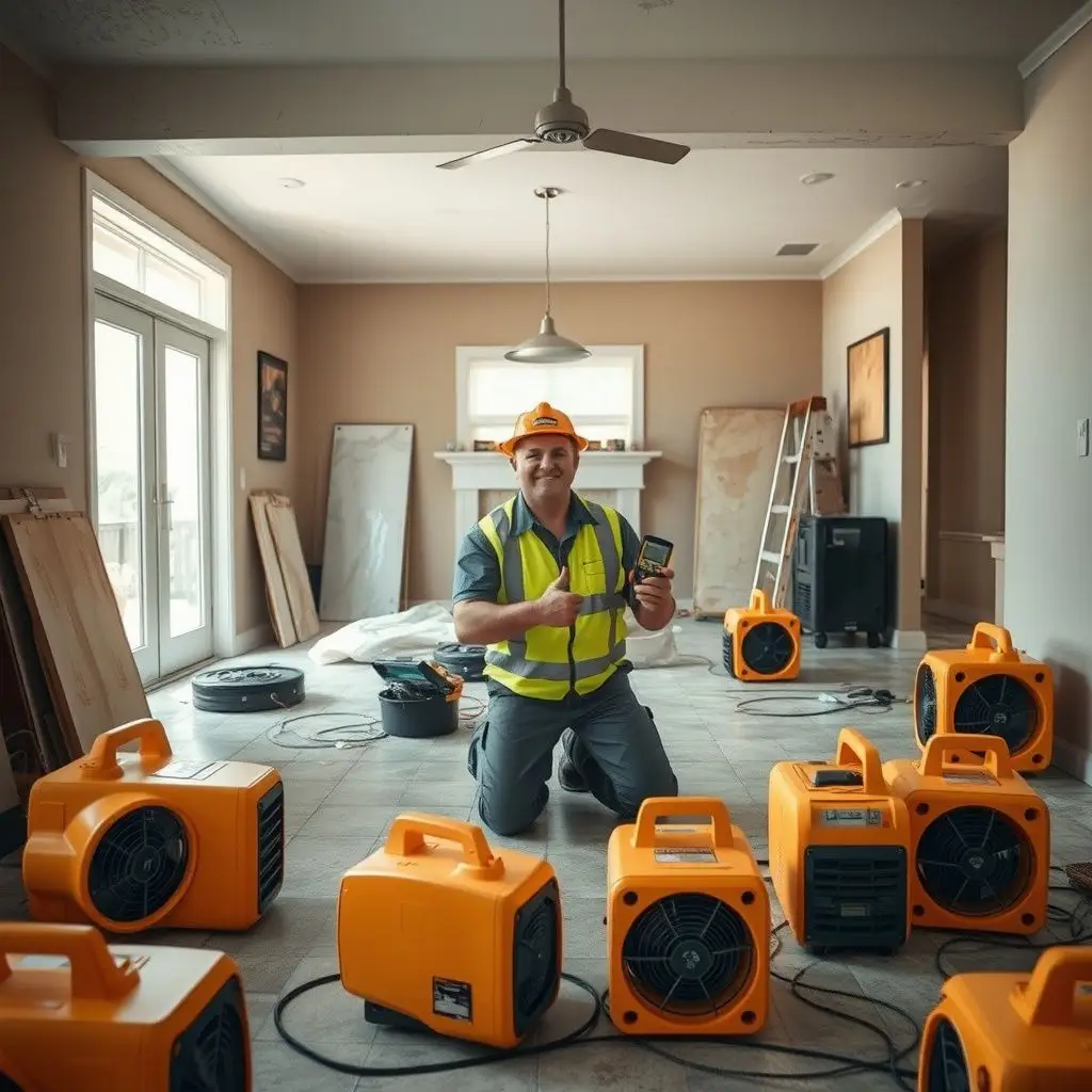 A clean, organized restoration job site inside a Sunnyvale home featuring industrial dehumidifiers and air movers.